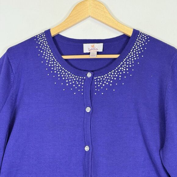Quacker Factory Womens Large Royal Purple‎ Rhinestone Whimsical Cardigan Sweater - Picture 2 of 6